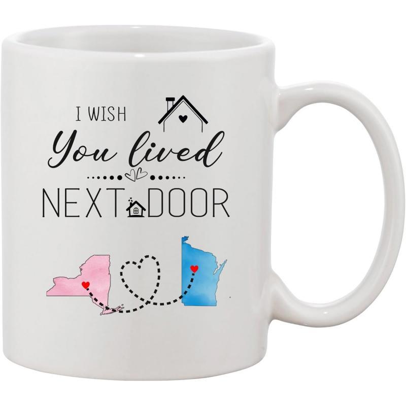 Tailorly White Ceramic 11 oz Mug - I Wish You Lived Next Door Minimalist House Icon Above Pink And Blue State Outlines Connected By Heart Art