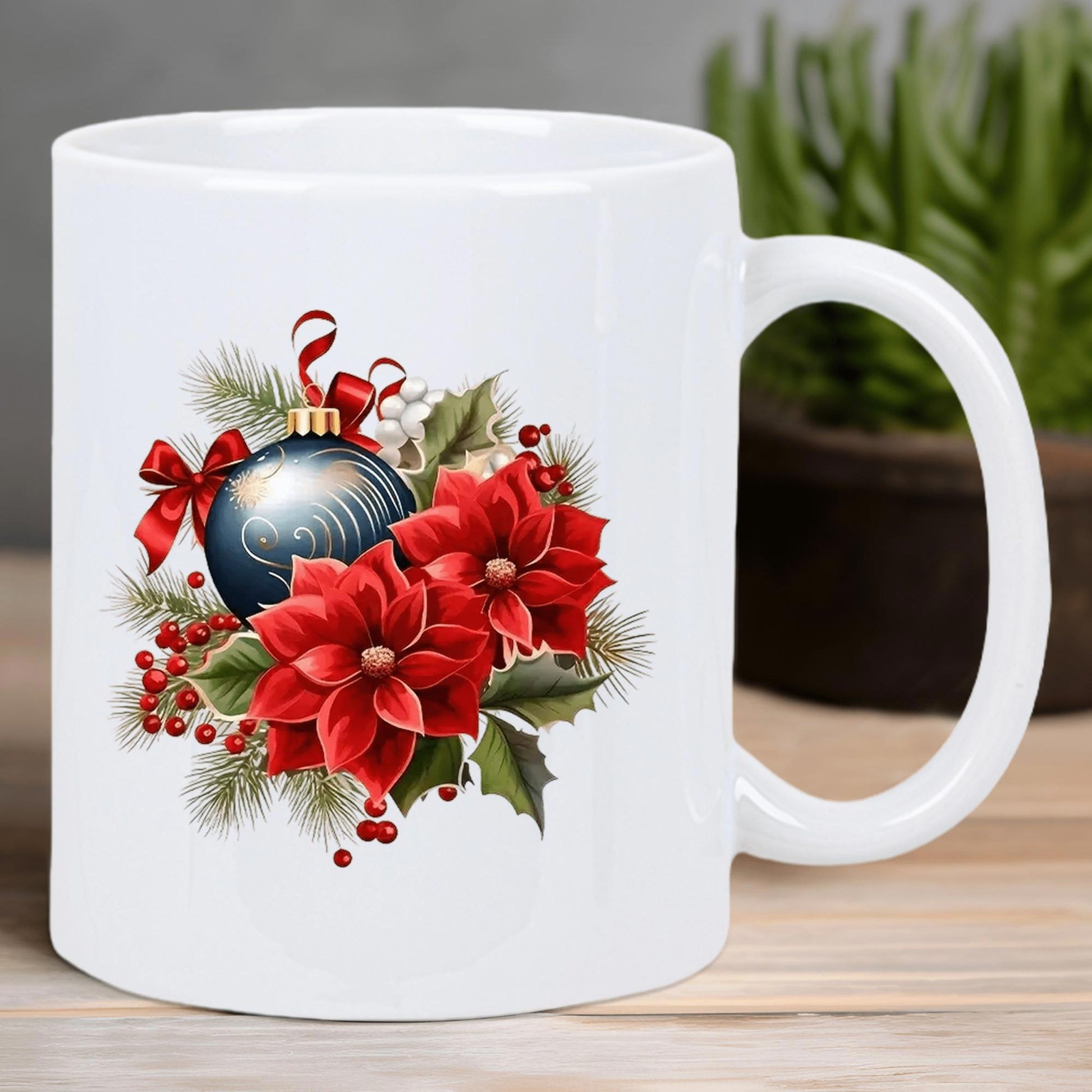 Tailorly White Ceramic 11 oz Mug - Festive Red Poinsettias With Shimmering Blue Ornament And Evergreen Pine Needles Poinsettia