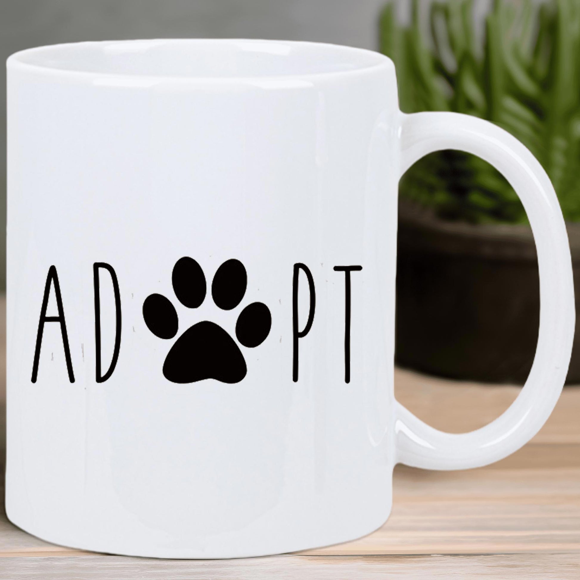 Tailorly White Ceramic 11 oz Mug - Adopt Minimalist Black Animal Paw Print Symbol Placed Among Tall Skinny Letters Paw