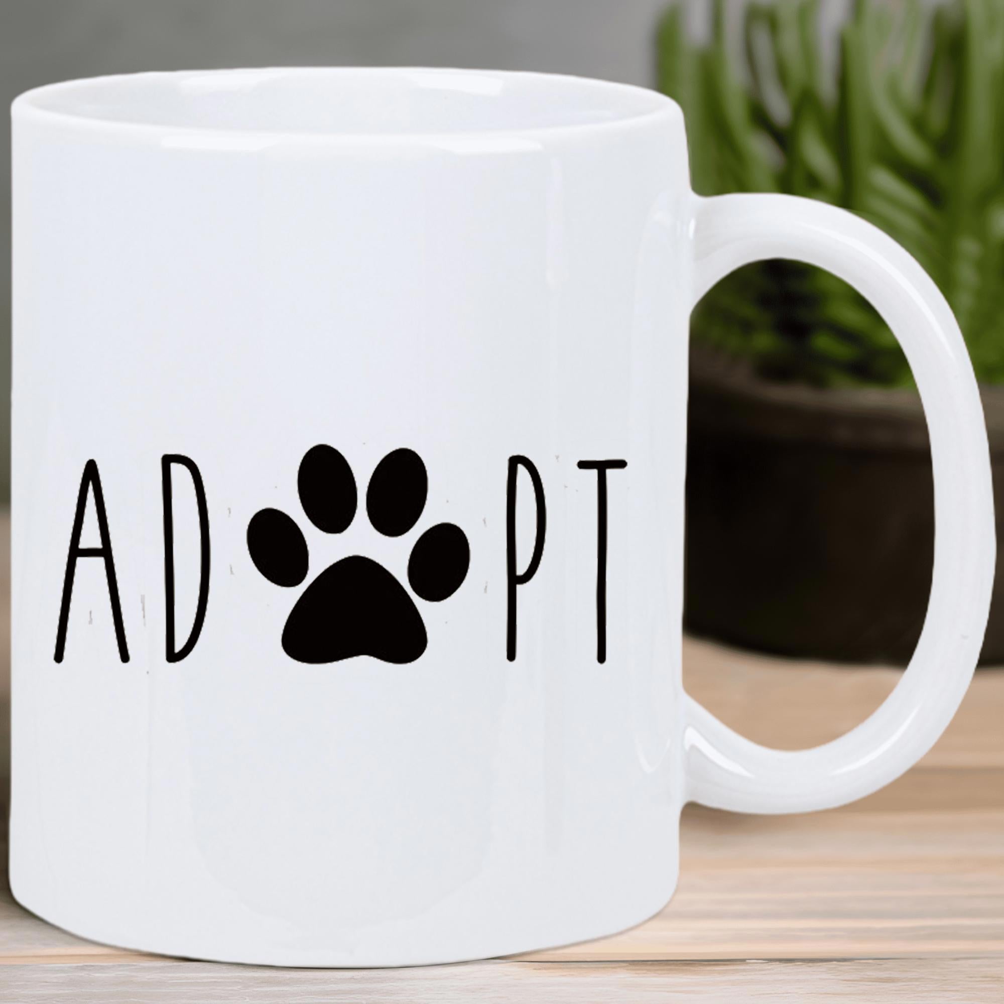 Tailorly White Ceramic 11 oz Mug - Adopt Minimalist Black Animal Paw Print Symbol Placed Among Tall Skinny Letters Paw