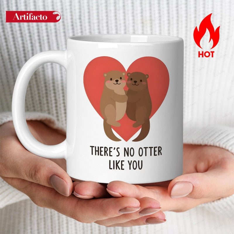 Tailorly White Ceramic 11 oz Mug - There's No Otter Like You Two Adorable Brown Otters Embracing Within A Large Vibrant Red Heart Otter