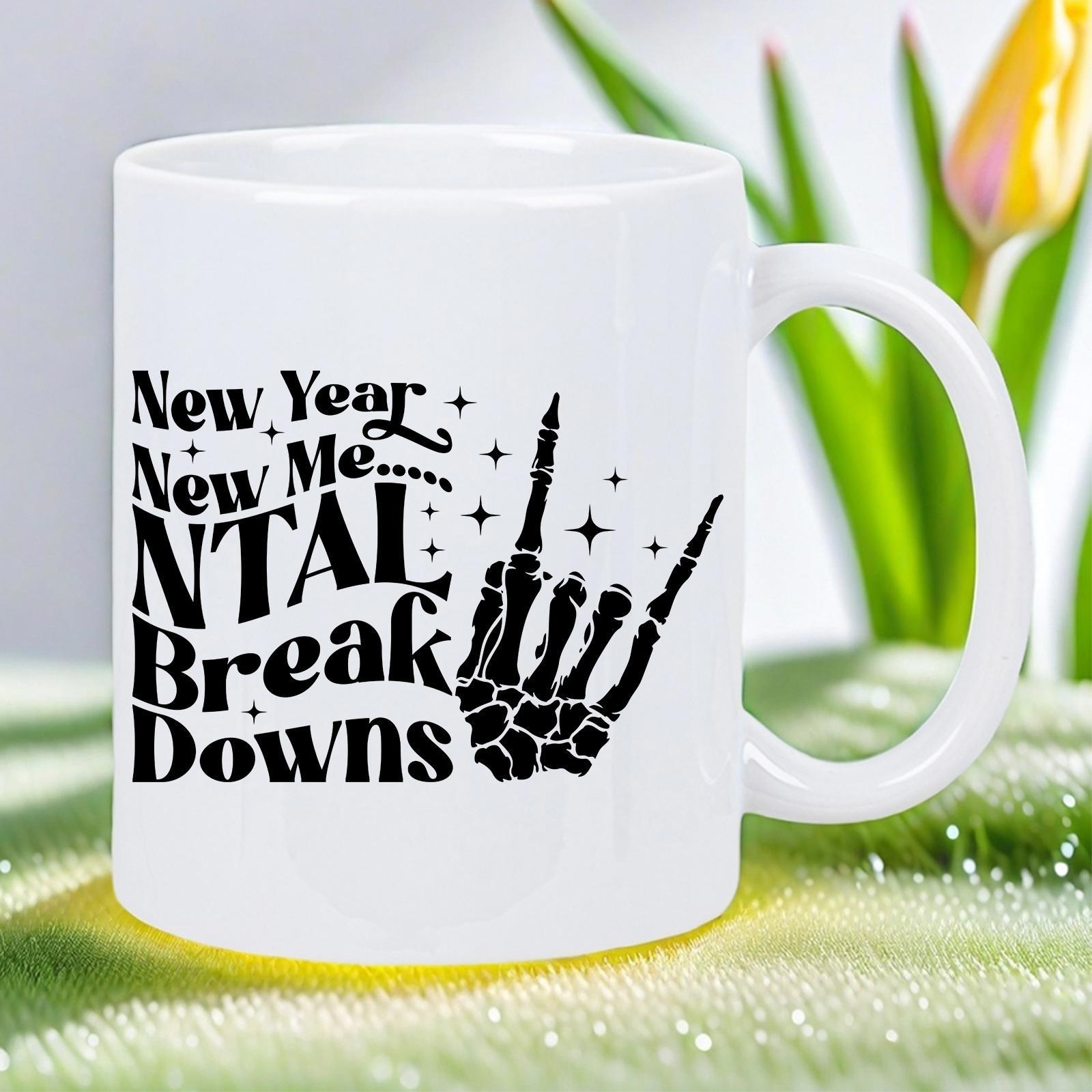 Tailorly White Ceramic 11 oz Mug - New Year New Me Mental Break Downs Skeletal Hand Gesturing Rock On Sign Amidst Shimmering Twinkling Stars Skeleton