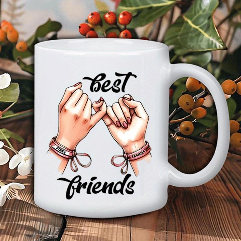 Tailorly White Ceramic 11 oz Mug - Best Friends Two Human Hands Interlocking Pinky Fingers Wearing Matching Cord Bracelets Symbolic Hands