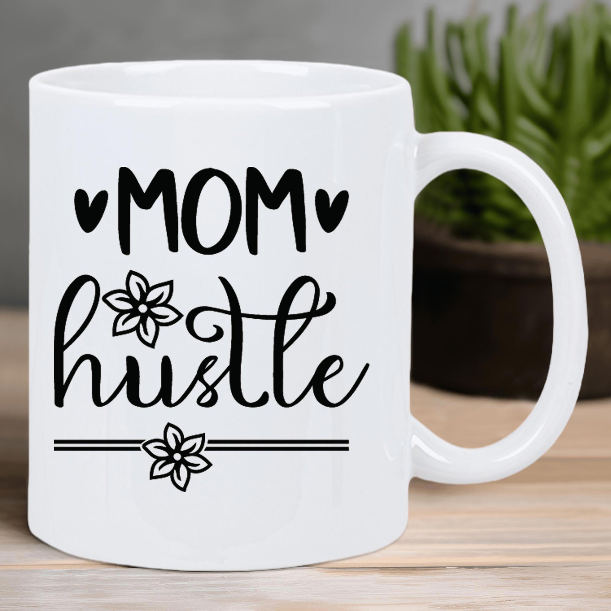 Tailorly White Ceramic 11 oz Mug - Mom Hustle Elegant Script Font With Small Flowers And Hearts Mug