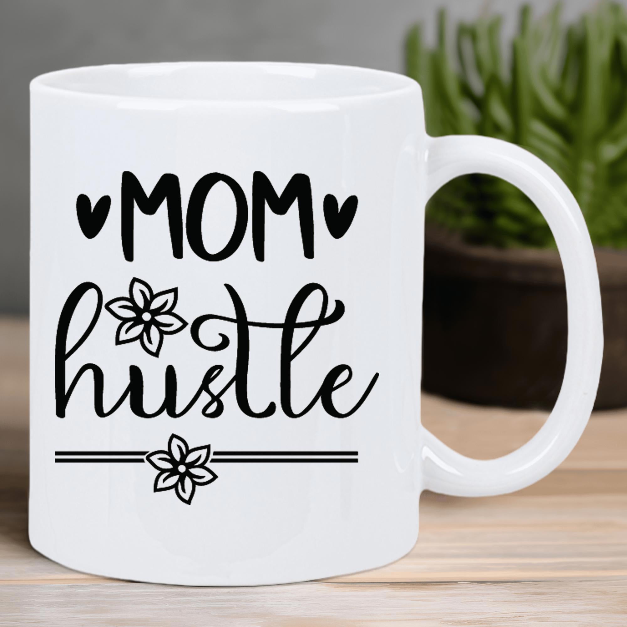 Tailorly White Ceramic 11 oz Mug - Mom Hustle Elegant Script Font With Small Flowers And Hearts Mug