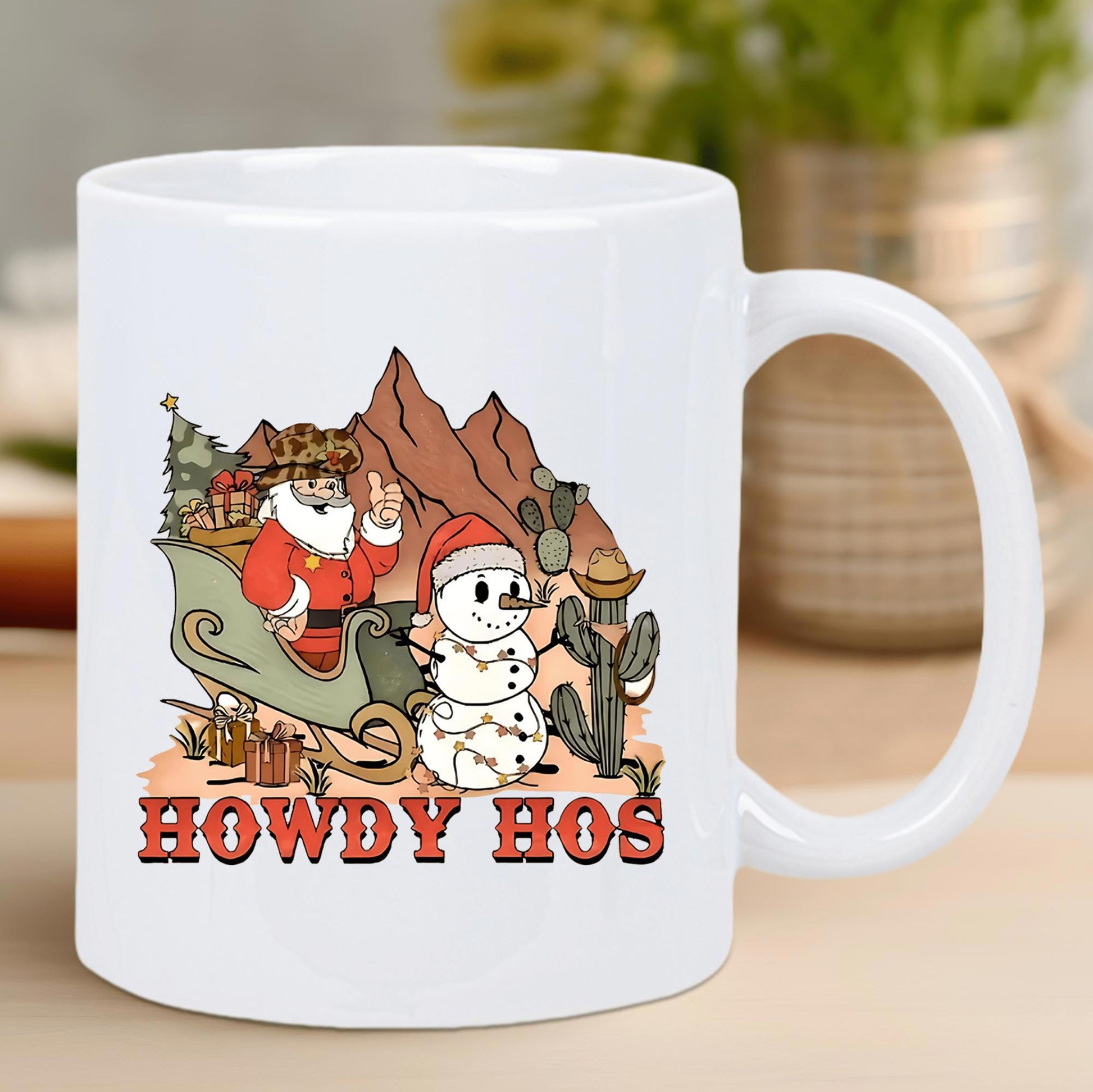 Tailorly White Ceramic 11 oz Mug - Howdy Hos Festive Western Desert Scene With Sleigh And A Smiling Snowman Santa