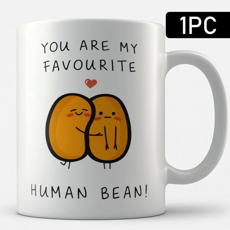 Tailorly White Ceramic 11 oz Mug - You Are My Favourite Human Bean Adorable Cartoon Characters Embracing Closely Under A Small Red Heart Bean