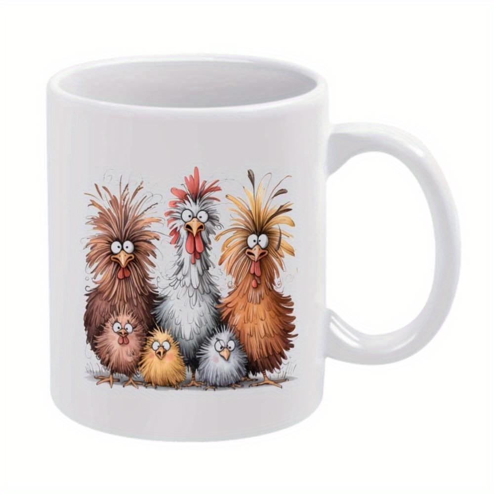 Tailorly White Ceramic 11 oz Mug - Funny Messy Haired Cartoon Farm Birds Standing With Little Chicks Chicken