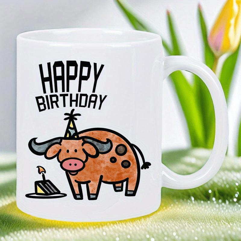 Tailorly White Ceramic 11 oz Mug - Happy Birthday Cute Hand Drawn Cartoon Character Wearing Small Festive Party Hat Buffalo