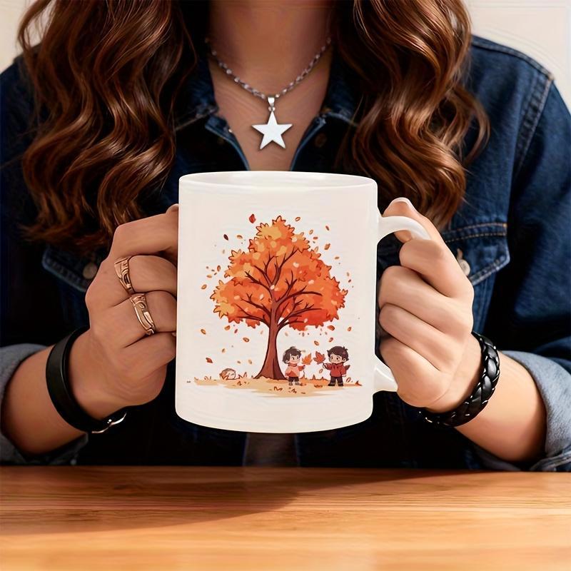 Tailorly White Ceramic 11 oz Mug - Vibrant Autumn Landscape With Children Playing Beneath Falling Golden Orange Leaves Tree