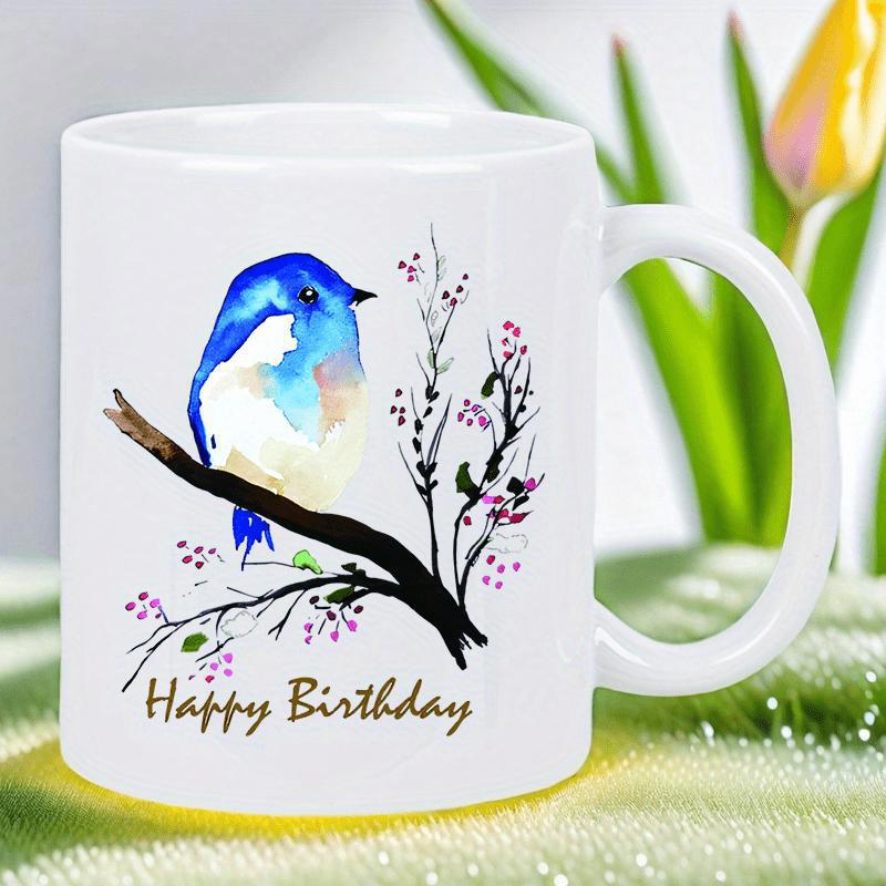 Tailorly White Ceramic 11 oz Mug - Happy Birthday Vibrant Watercolor Blue Songbird Perched On A Delicate Blossom Branch Bird