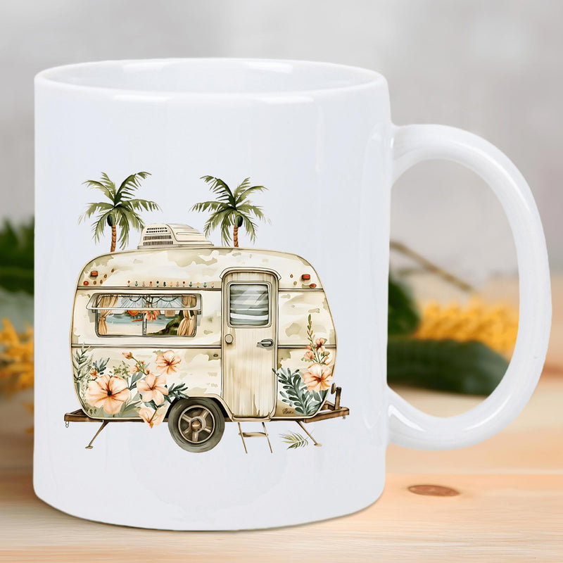 Tailorly White Ceramic 11 oz Mug - Vintage Tropical Caravan With Hibiscus Flowers Nestled Under Tall Palm Trees Trailer