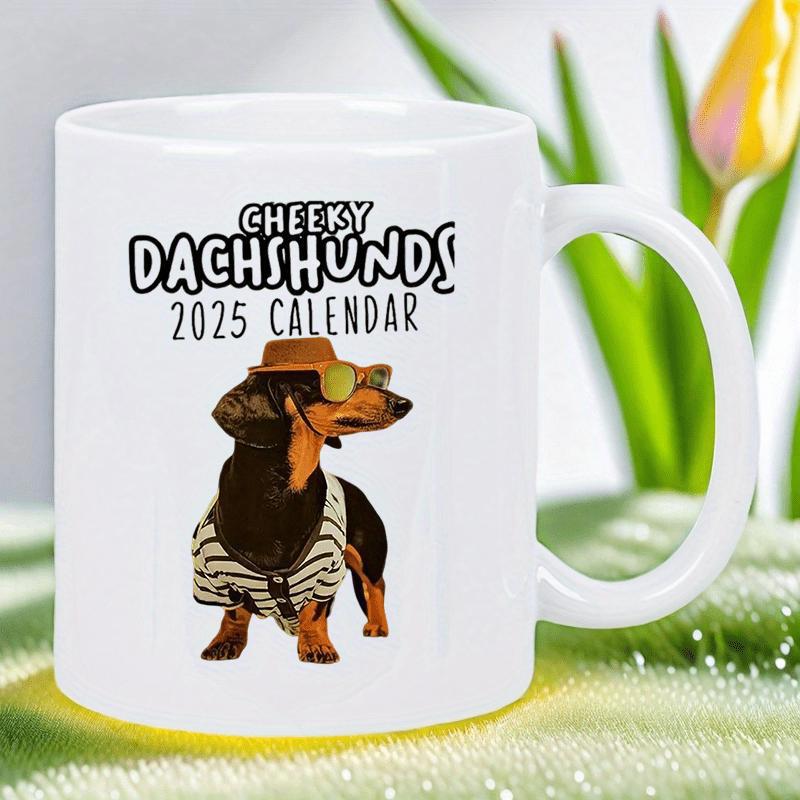 Tailorly White Ceramic 11 oz Mug - Cheeky Dachshunds 2025 Calendar Wearing Brown Hat And Yellow Sunglasses With Striped Shirt Standing Proudly Dachshund