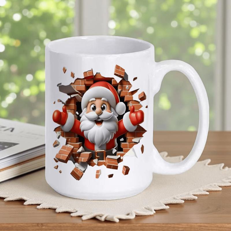 Tailorly White Ceramic 11 oz Mug - Cheerful Cartoon Character Bursting Through A Realistic Broken Brick Wall Santa