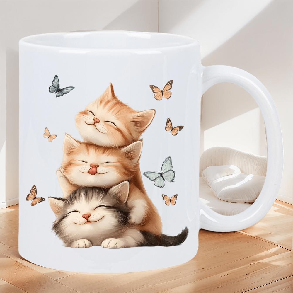 Tailorly White Ceramic 11 oz Mug - Three Adorable Kittens Stacked Together Surrounded By Fluttering Spring Butterflies Cat