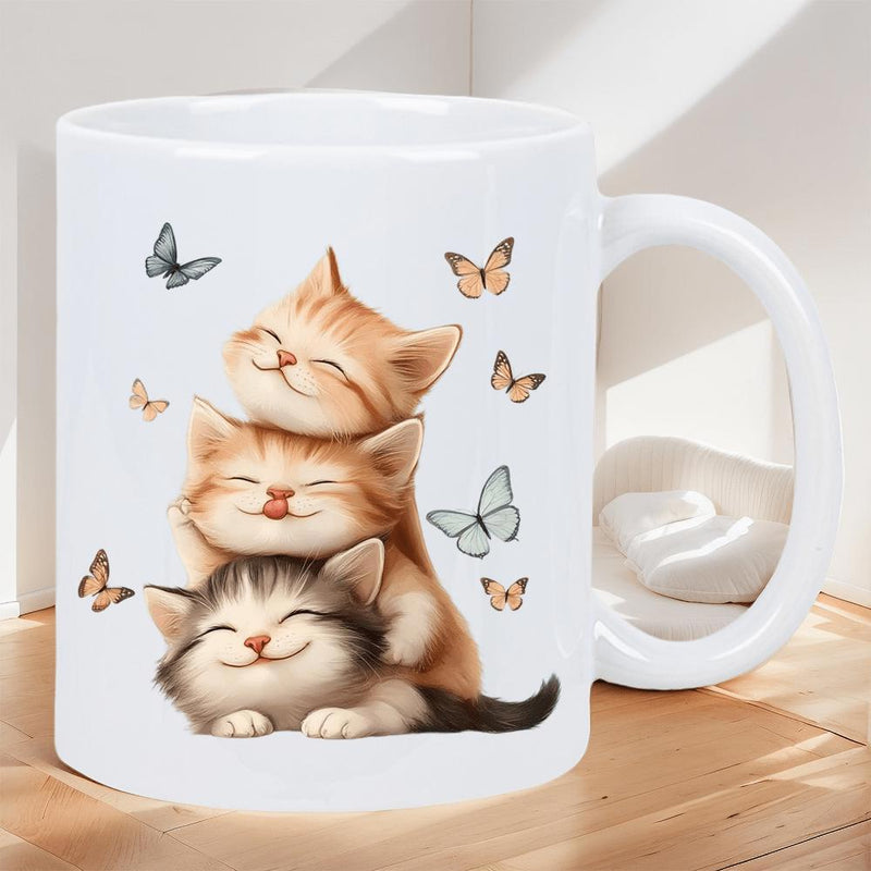 Tailorly White Ceramic 11 oz Mug - Three Adorable Kittens Stacked Together Surrounded By Fluttering Spring Butterflies Cat