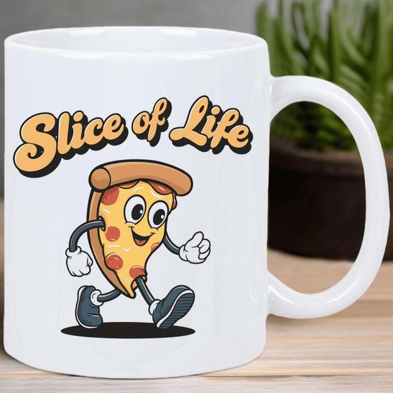 Tailorly White Ceramic 11 oz Mug - Slice Of Life Walking Cartoon Food Character With Retro Rubber Hose Style Smiling Pizza