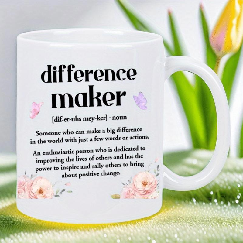 Tailorly White Ceramic 11 oz Mug - Difference Maker Soft Pink Floral Blossoms With Purple Butterflies Surrounding Inspirational Words Mug
