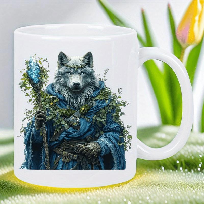 Tailorly White Ceramic 11 oz Mug - Mystical Shamanic Fantasy Creature Wearing Blue Robes Holding A Magic Staff Wolf