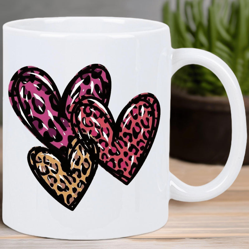 Tailorly White Ceramic 11 oz Mug - Vibrant Leopard Print Textures Overlapping In A Creative Trio Pattern Heart