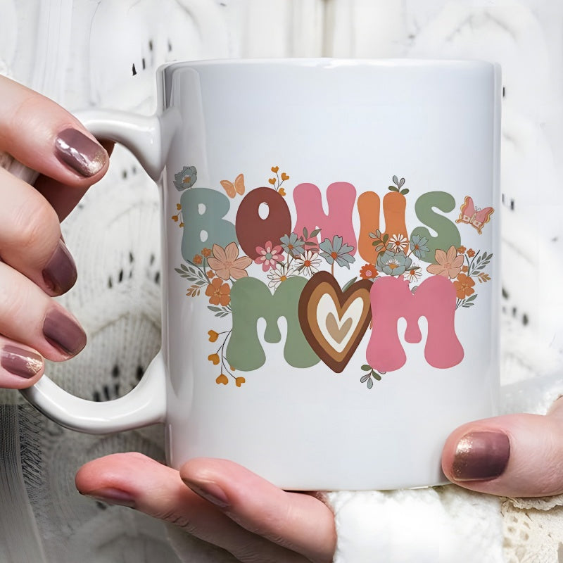 Tailorly White Ceramic 11 oz Mug - Bonus Mom Retro Groovy Style With Colorful Flowers Butterflies And Heart