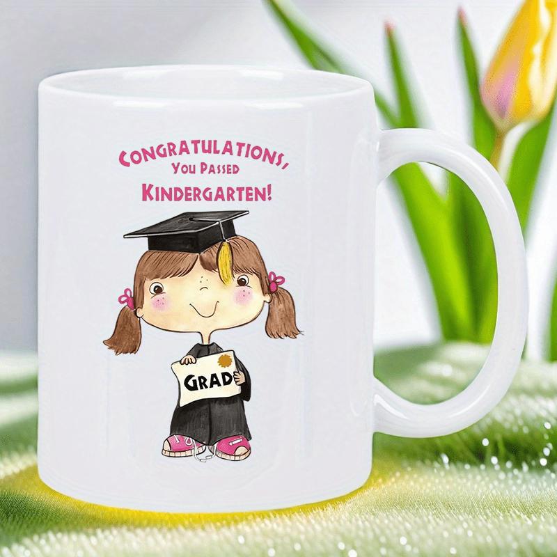 Tailorly White Ceramic 11 oz Mug - Congratulations You Passed Kindergarten Grad Cute Little Girl Wearing Graduation Gown And Mortarboard Holding Diploma Girl