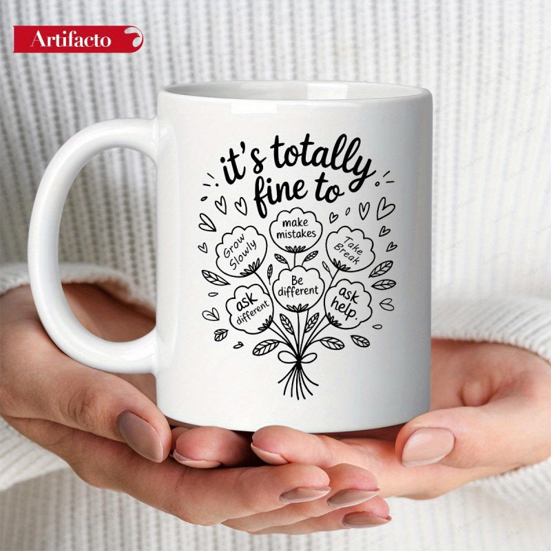 Tailorly White Ceramic 11 oz Mug - Its Totally Fine To Grow Slowly Minimalist Hand Drawn Floral Design Featuring Hearts And Delicate Leaves Bouquet