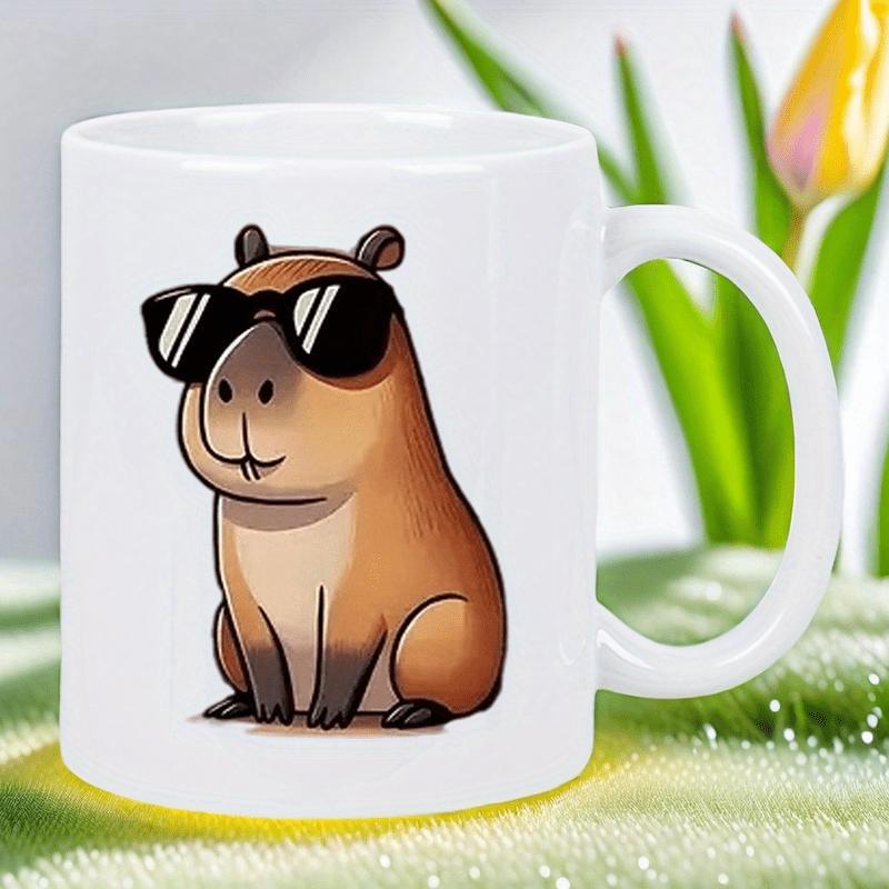 Tailorly White Ceramic 11 oz Mug - Cute Brown Cartoon Character Wearing Dark Sunglasses Sitting On Clean White Surface Capybara