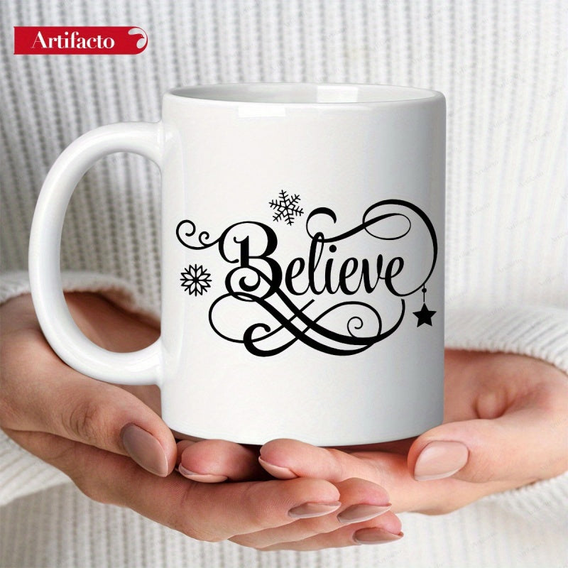 Tailorly White Ceramic 11 oz Mug - Believe Elegant Artistic Swirling Flourish With Winter Snowflakes And Small Hanging Star Decoration