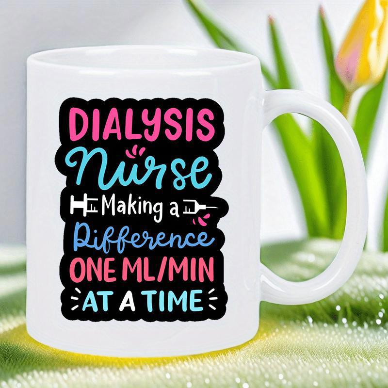 Tailorly White Ceramic 11 oz Mug - Dialysis Nurse Making A Difference One ML MIN AT A TIME Stylized Black Background Graphic With Syringe Icons And Colorful