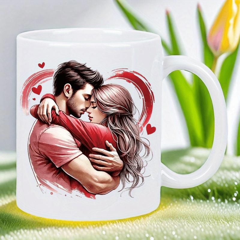 Tailorly White Ceramic 11 oz Mug - Romantic Man And Woman Embracing Tenderly Within Artistic Red Heart Scene Couple