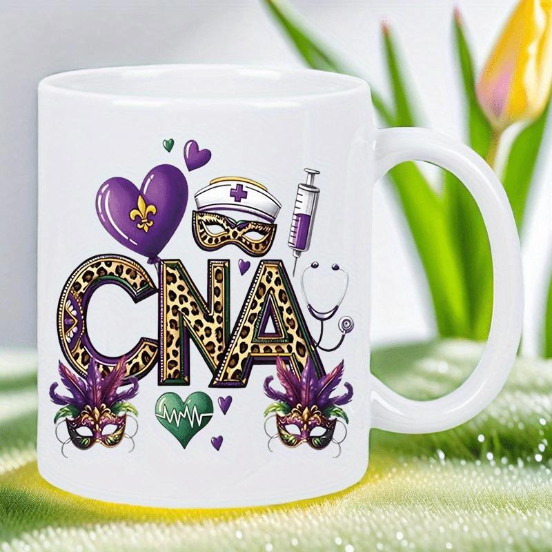 Tailorly White Ceramic 11 oz Mug - CNA Festive Mardi Gras Mask Nursing Elements With Leopard Print Pattern CNA
