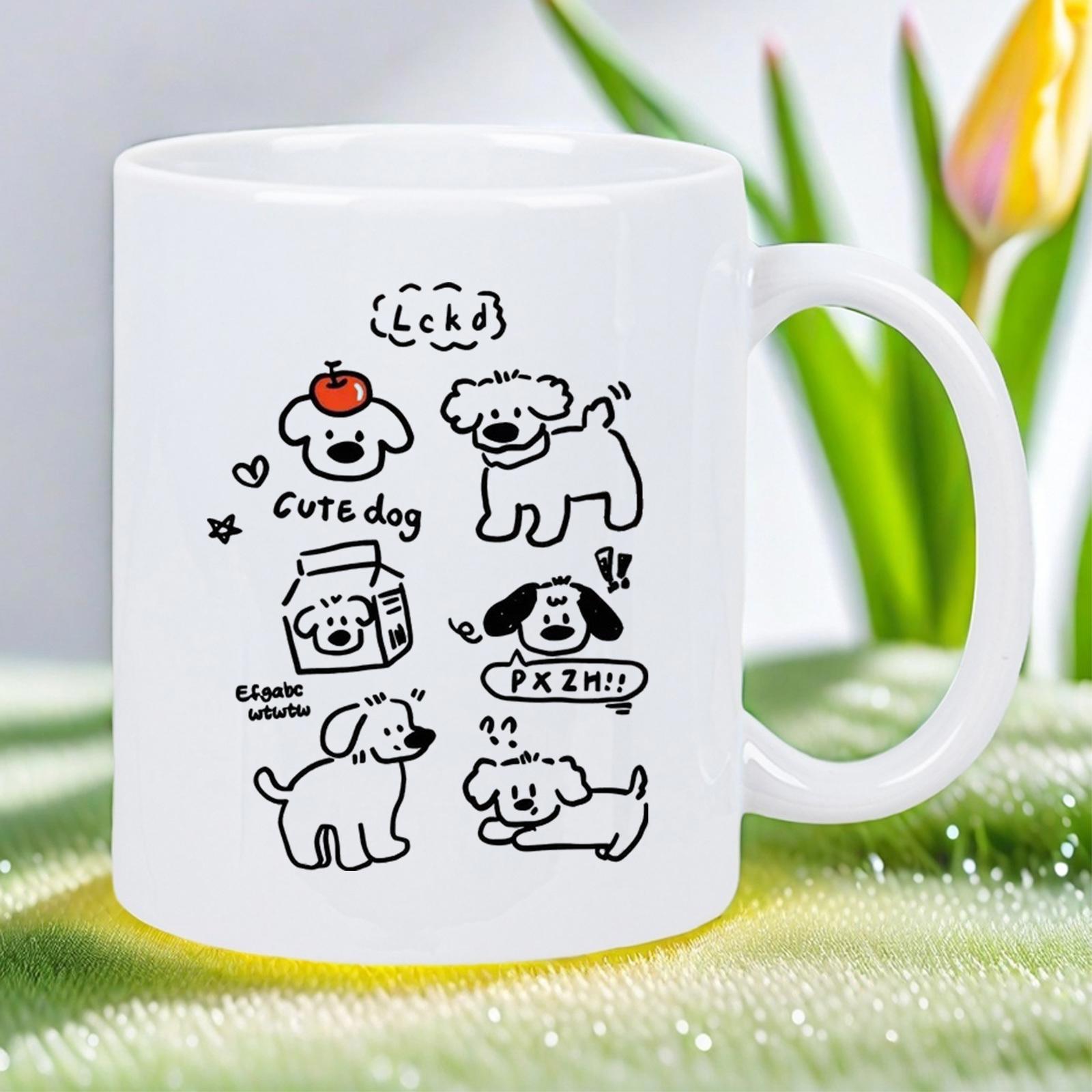 Tailorly White Ceramic 11 oz Mug - Cute Dog Minimalist Line Art Sketches Of Playful Puppies With Milk Carton Dog