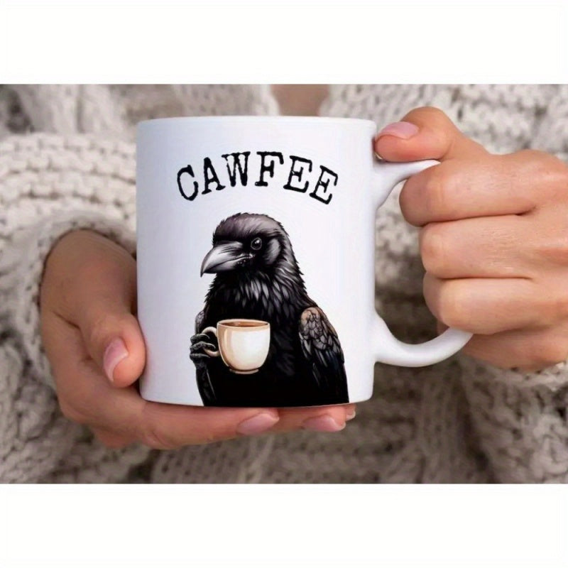 Tailorly White Ceramic 11 oz Mug - Cawfee Intelligent Black Raven Holding A Small Steaming Cup Crow