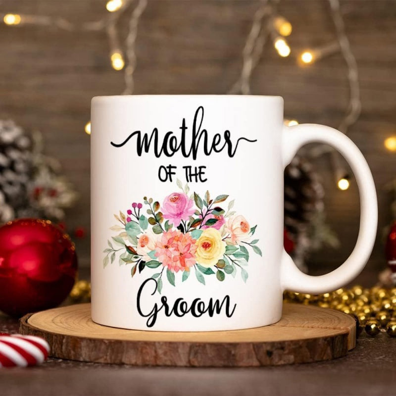 Tailorly White Ceramic 11 oz Mug - Mother Of The Groom Elegant Watercolor Floral Design With Blooming Roses And Green Leaves Bouquet