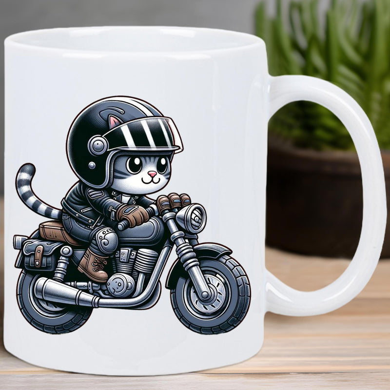 Tailorly White Ceramic 11 oz Mug - Adventurous Cartoon Biker Wearing A Helmet Riding A Small Vintage Motorcycle Cat