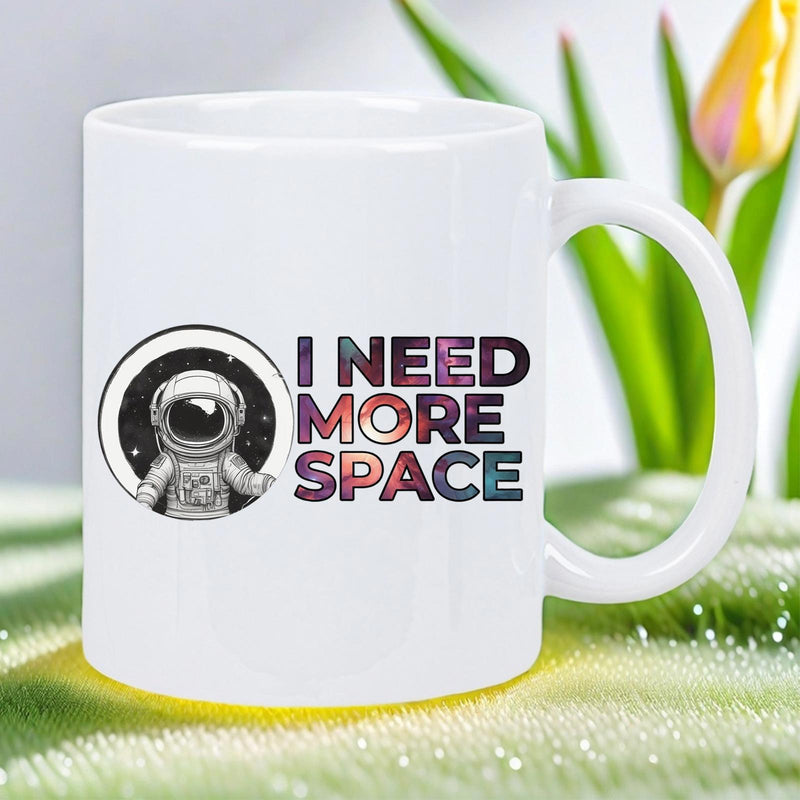 Tailorly White Ceramic 11 oz Mug - I Need More Space Cute Cartoon Astronaut Floating In A Circular Portal Among Sparkling Galaxy Stars Astronaut