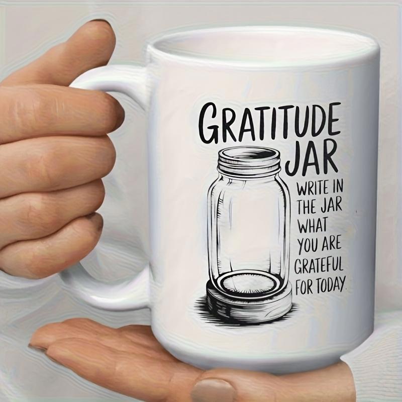 Tailorly White Ceramic 11 oz Mug - Gratitude Jar Write In The Jar What You Are Grateful For Today Minimalist Hand Drawn Mason Jar Outline Sitting On Textured
