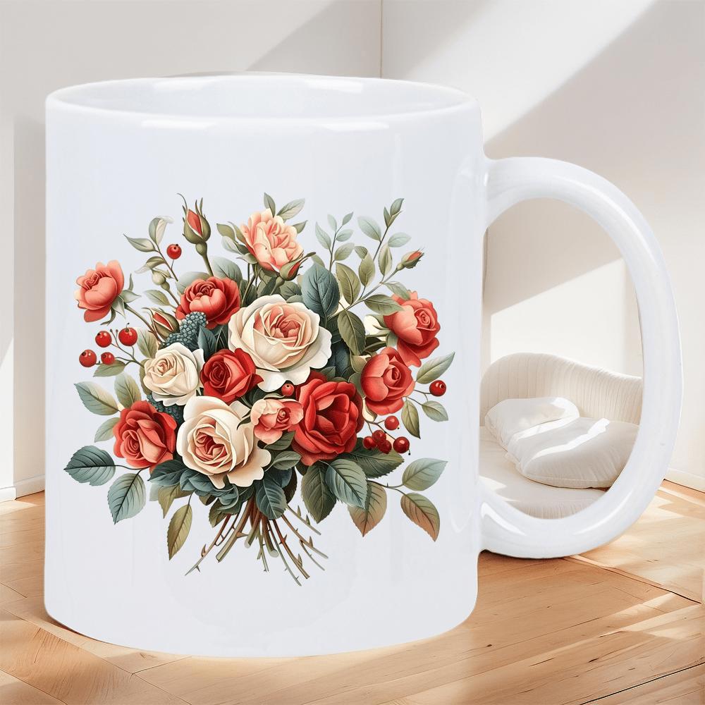 Tailorly White Ceramic 11 oz Mug - Elegant Vintage Roses With Green Leaves And Small Red Berries Bouquet