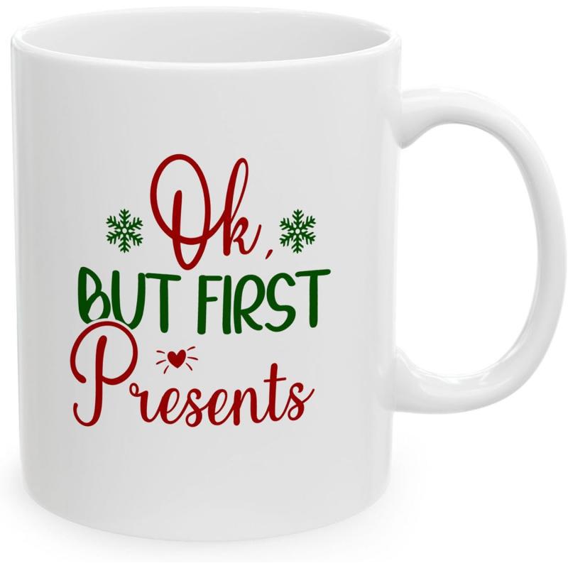 Tailorly White Ceramic 11 oz Mug - Ok But First Presents Festive Holiday Script Typography Surrounded By Minimalist Green Snowflake Icons Mug