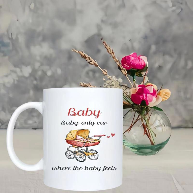 Tailorly White Ceramic 11 oz Mug - Baby Baby Only Car Where The Baby Feels Vintage Orange Carriage With Decorative Tiny Hearts In Classical Design Stroller