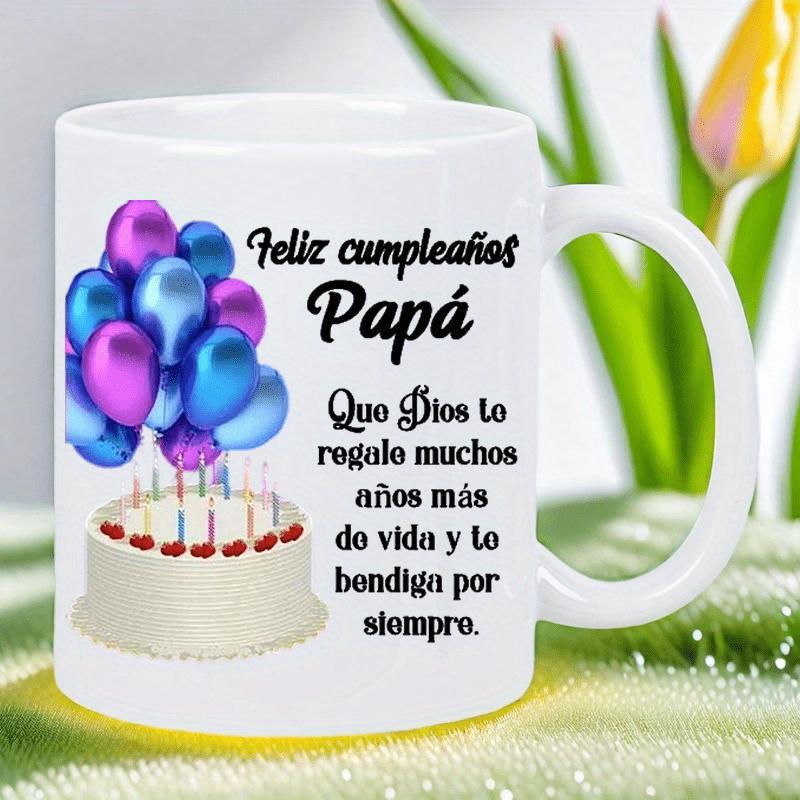 Tailorly White Ceramic 11 oz Mug - Festive Celebration Pattern Featuring Colorful Metallic Balloons Over Lit Candles Cake