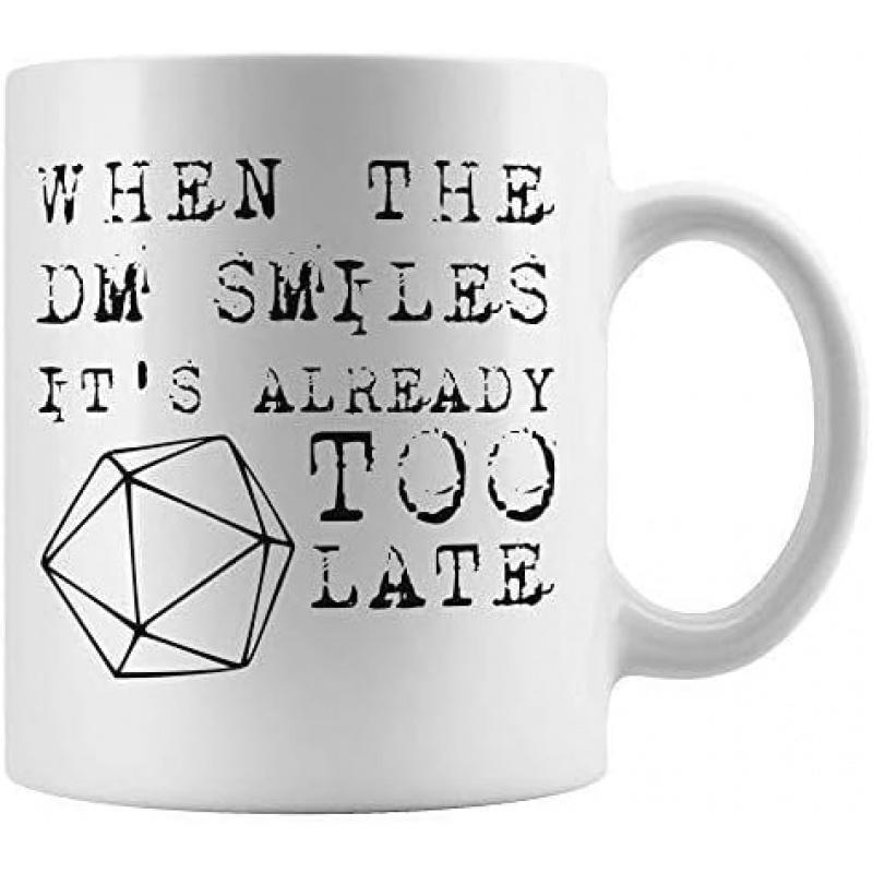 Tailorly White Ceramic 11 oz Mug - When The DM Smiles Its Already Too Late Minimalist Geometric Line Art Drawing Of A Gaming Polyhedral Dice