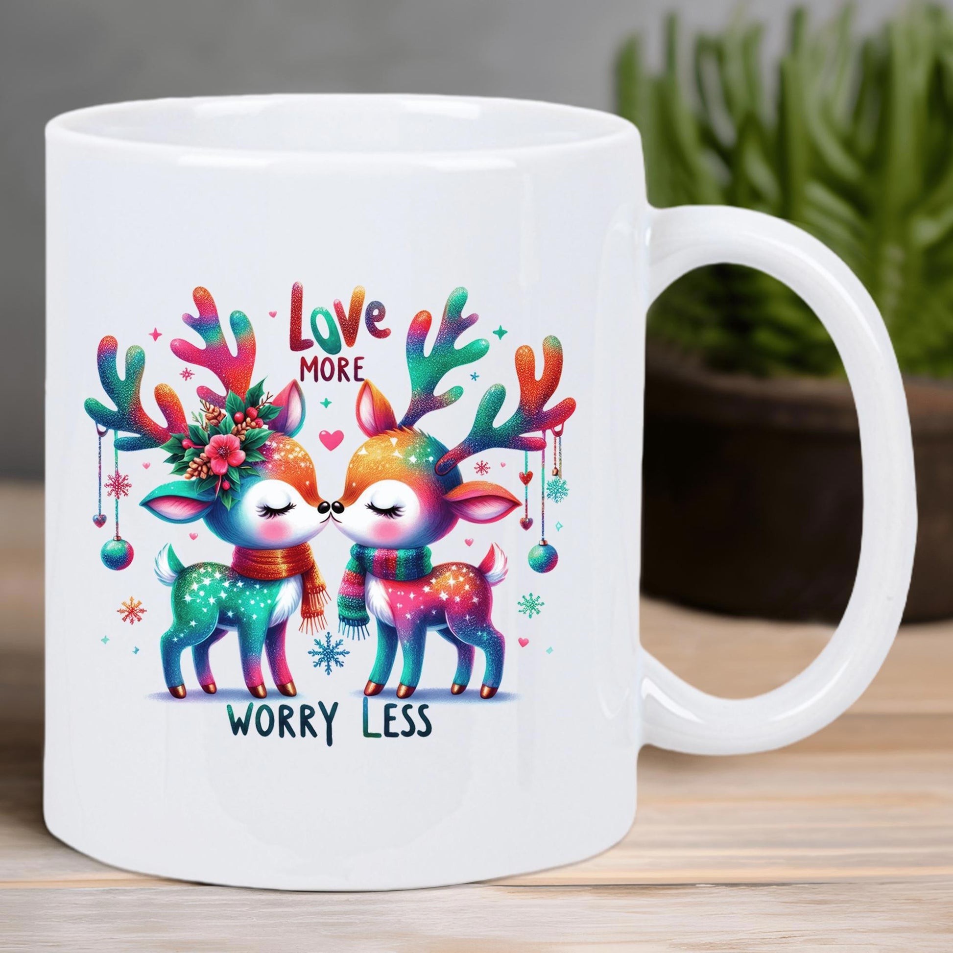 Tailorly White Ceramic 11 oz Mug - Love More Worry Less Two Vibrant Cartoon Deer Adorned With Winter Scarves And Flowers Deer