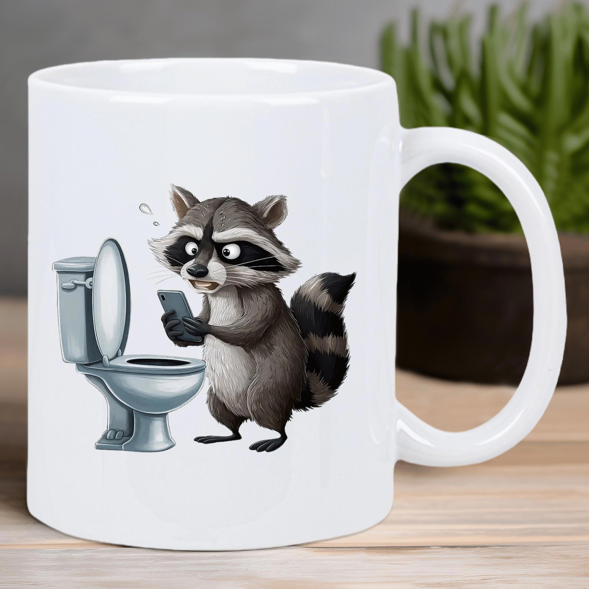 Tailorly White Ceramic 11 oz Mug - Funny Cartoon Animal Standing Beside Toilet Checking Small Mobile Phone Raccoon