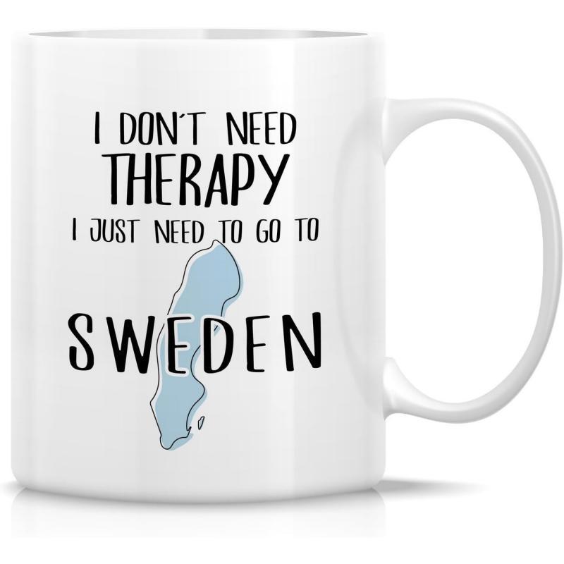 Tailorly White Ceramic 11 oz Mug - I Don't Need Therapy I Just Need To Go To Sweden Minimalist Blue Silhouette Featuring A Patriotic Nordic Geographical Map Sweden
