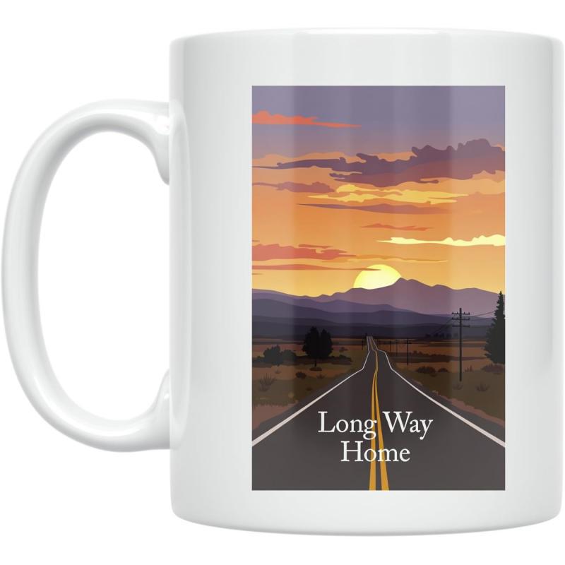 Tailorly White Ceramic 11 oz Mug - Long Way Home Scenic Sunset Stretching Towards Distant Purple Mountains Under Golden Clouds Road