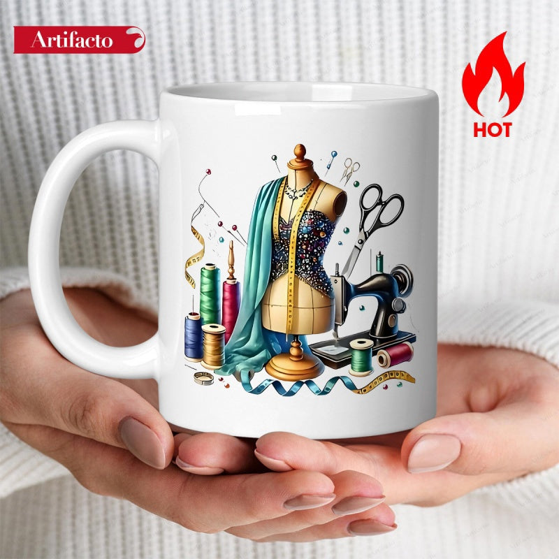Tailorly White Ceramic 11 oz Mug - Vintage Sewing Machine Surrounded By Colorful Spools And Elegant Fabric Drapes Mannequin