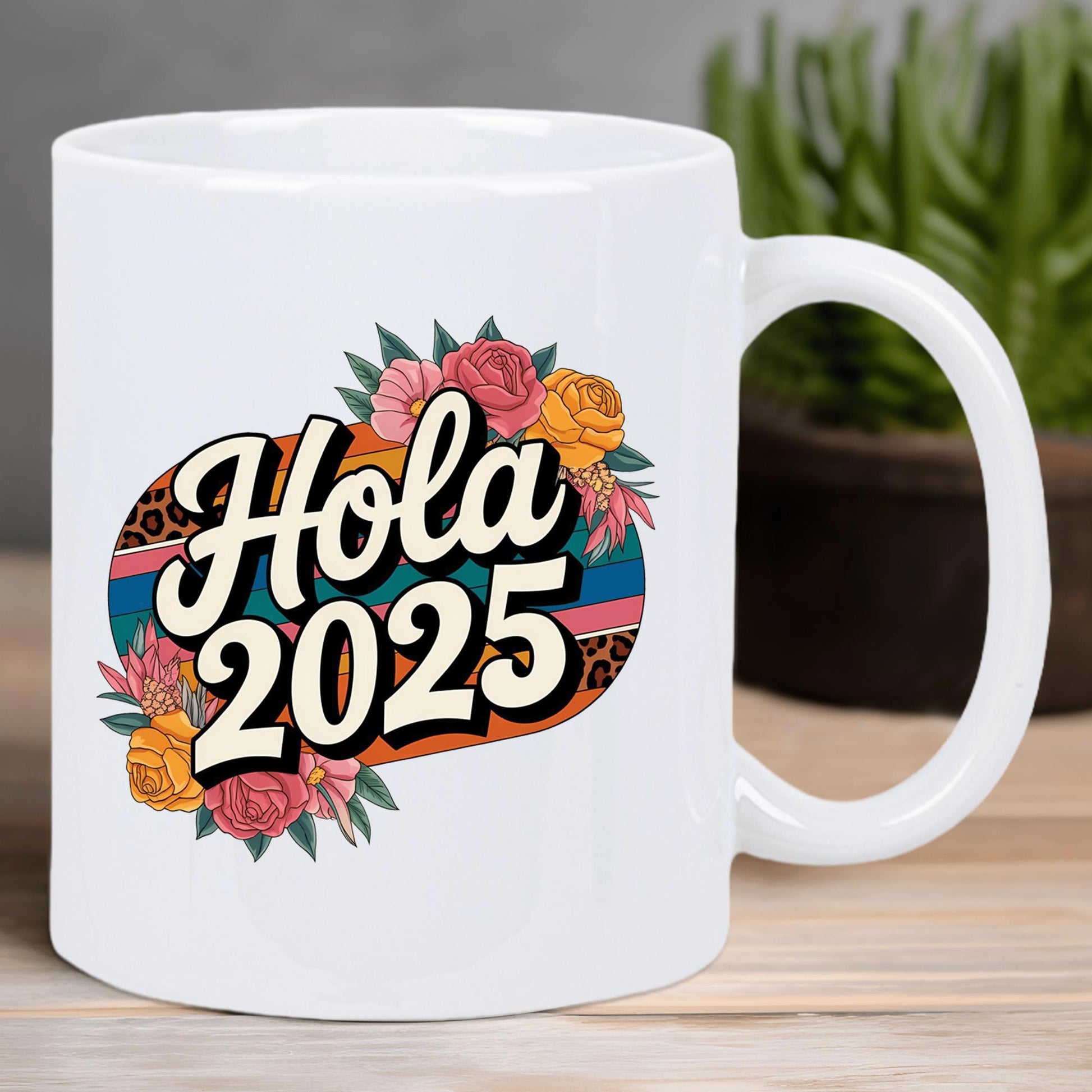 Tailorly White Ceramic 11 oz Mug - 2025 Vibrant Retro Floral Pattern With Leopard Print And Colorful Stripes Mug