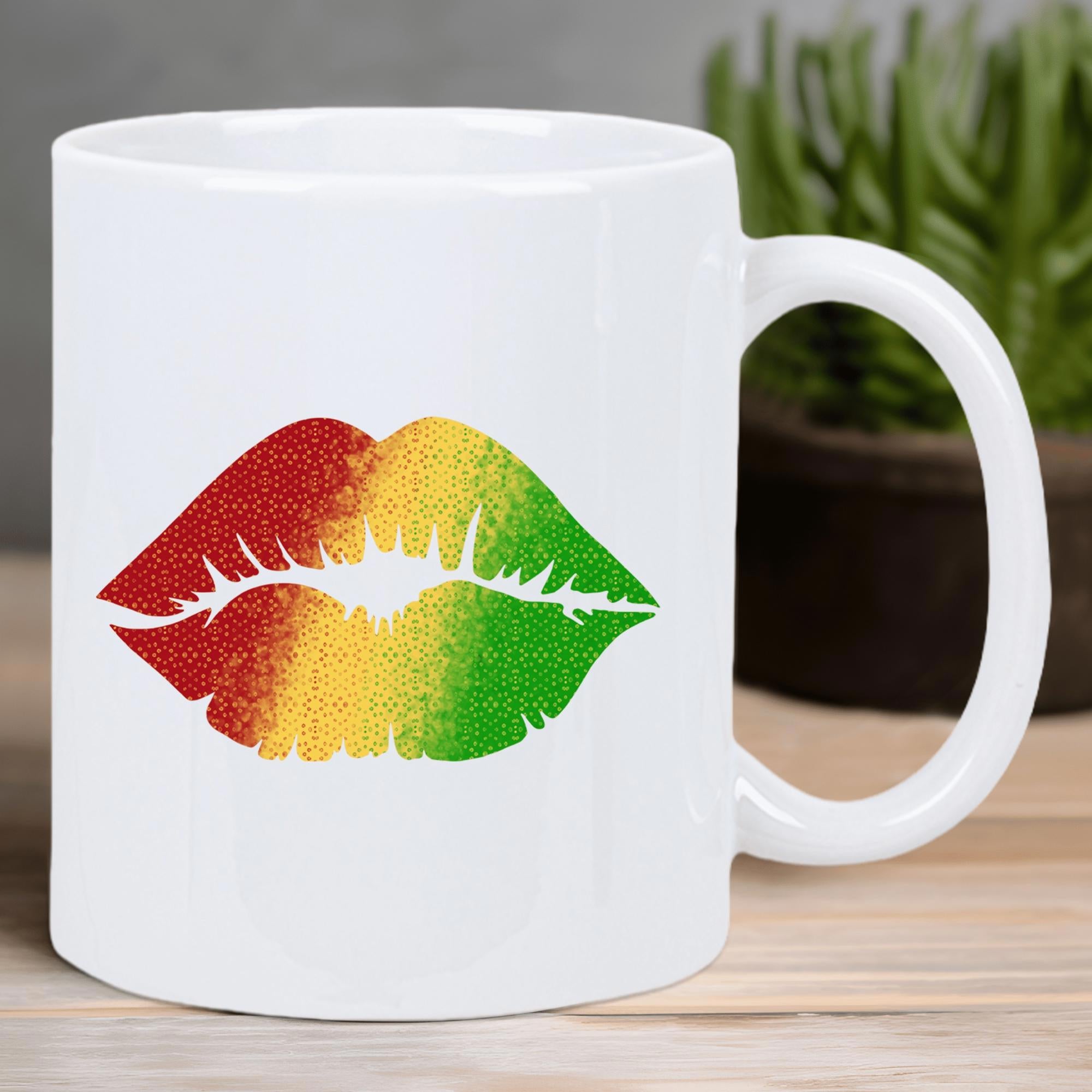 Tailorly White Ceramic 11 oz Mug - Vibrant Red Yellow Green Gradient Texture With Artistic Distressed Grunge Finish Lips